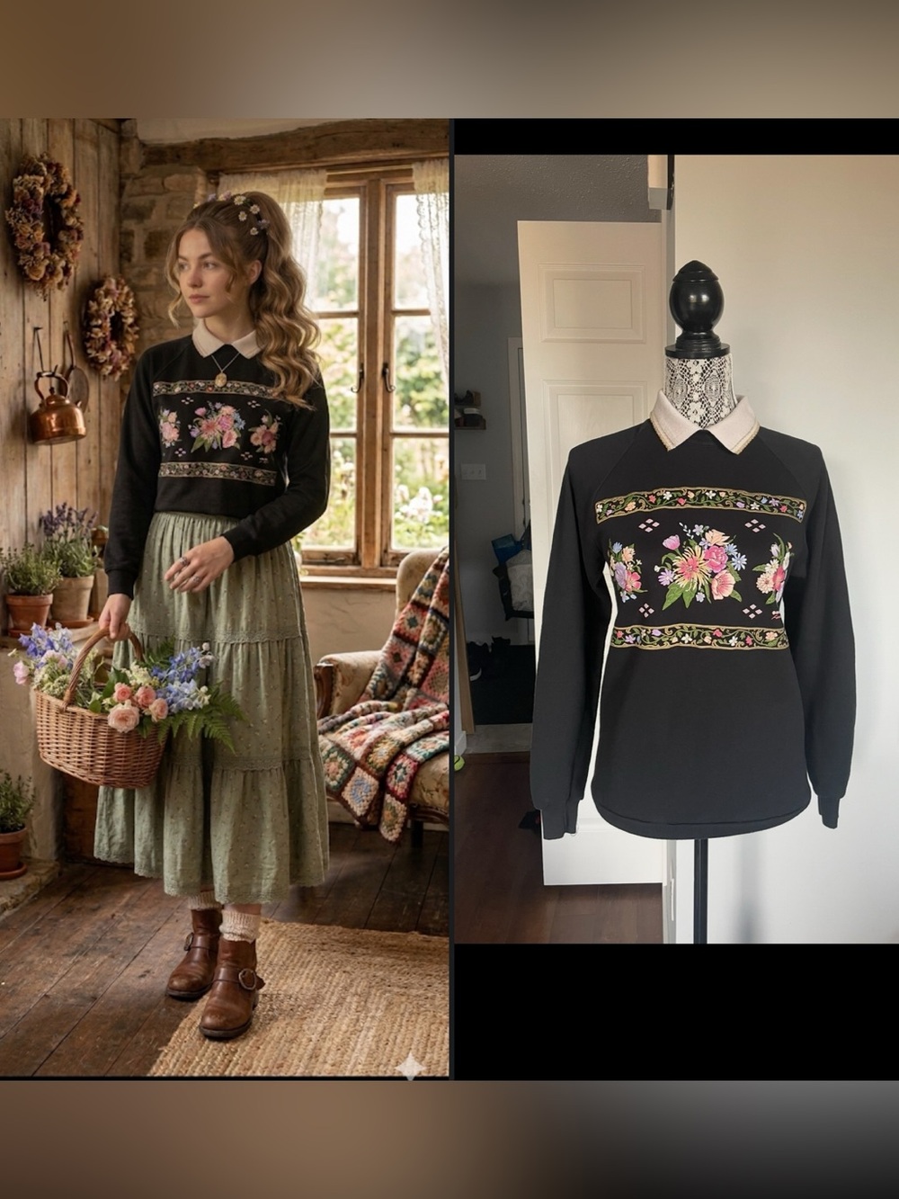 Vintage Cottagecore Grandmacore Floral Pullover Sweater. Small/Medium. Black.